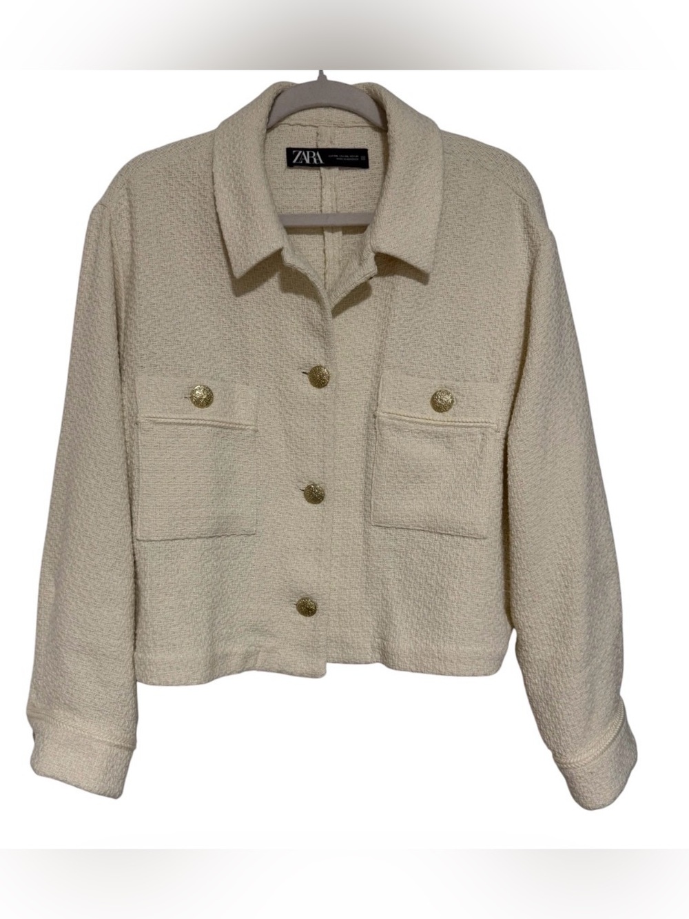 Zara XXL Beige Textured Cropped Jacket Gold Buttons Quiet Luxury